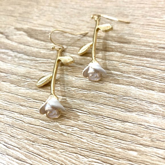 White Rose Stem Leaflet Drop Dangle Gold Earrings - Picture 6 of 8